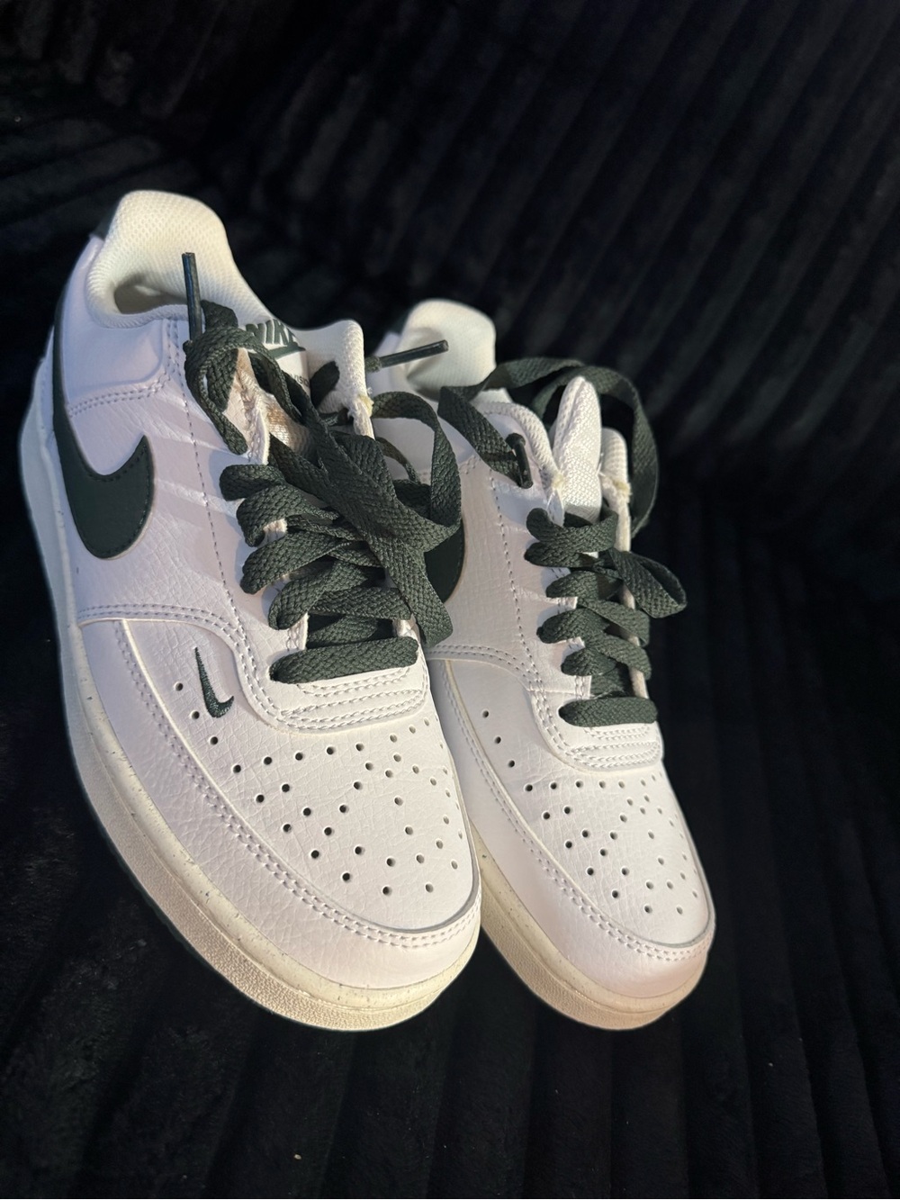 Nike White Sneakers with Dark Green Swoosh and Laces